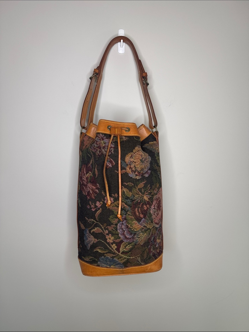 Ralph Lauren Made in Italy Floral Tapestry Drawstring Bucket Bag Quiet Luxury